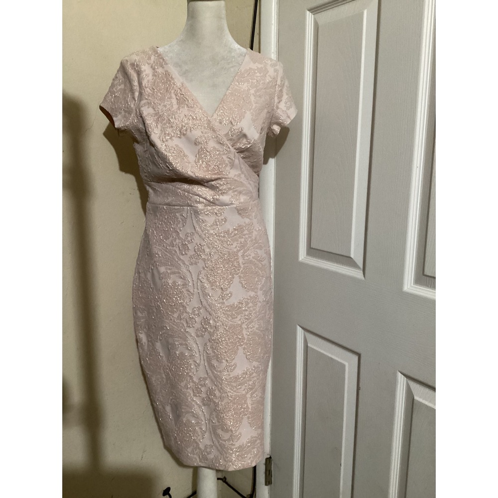 Adrianna Papell Pink Metallic Floral Jacquard Sheath Dress Short Sleeve Size 2